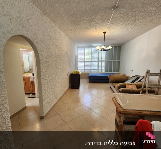 סולם ליד קיר צבוע, ציוד צביעה על הרצפה
